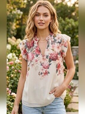 Autres Filles Floral Flutter Sleeve Boho Flowy Top, Prairie Blouse, Size S